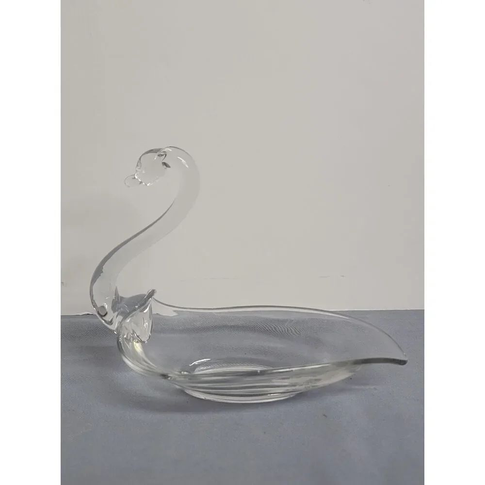 VTG Hand Blown Bowl Clear Art Glass Figure Swan